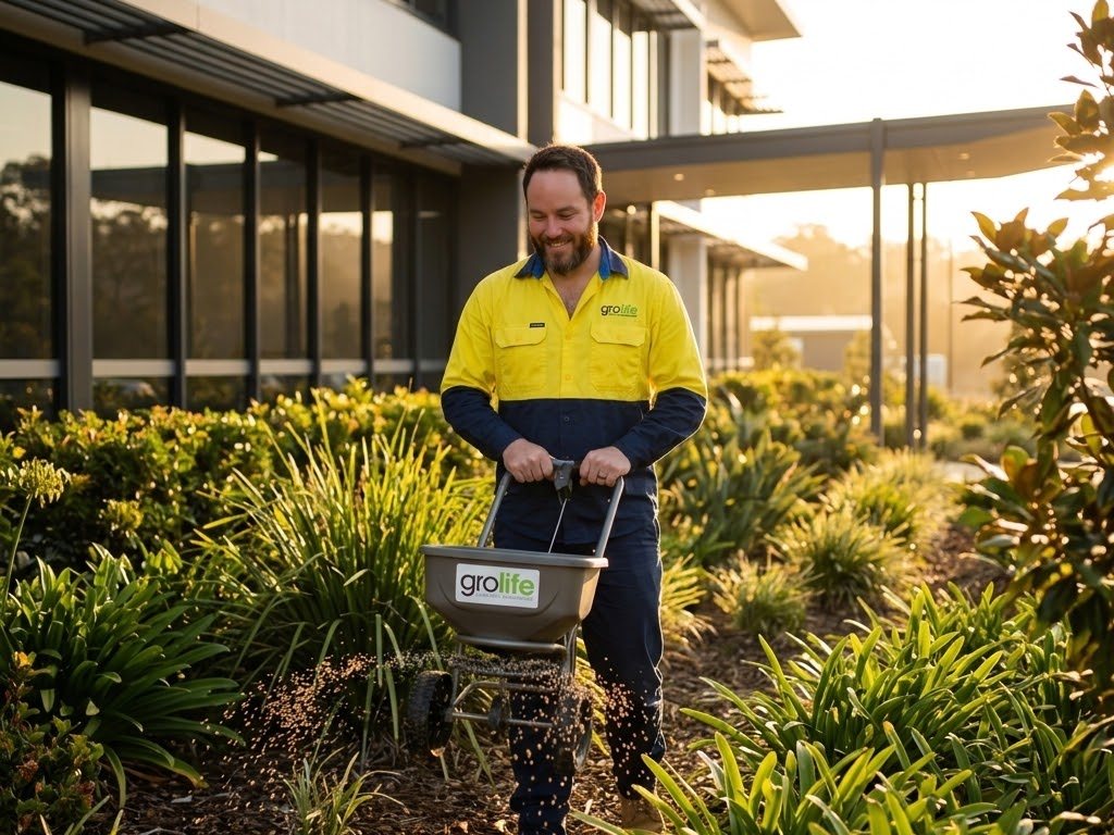 A Grolife crew member applying fertiliser at a commercial site